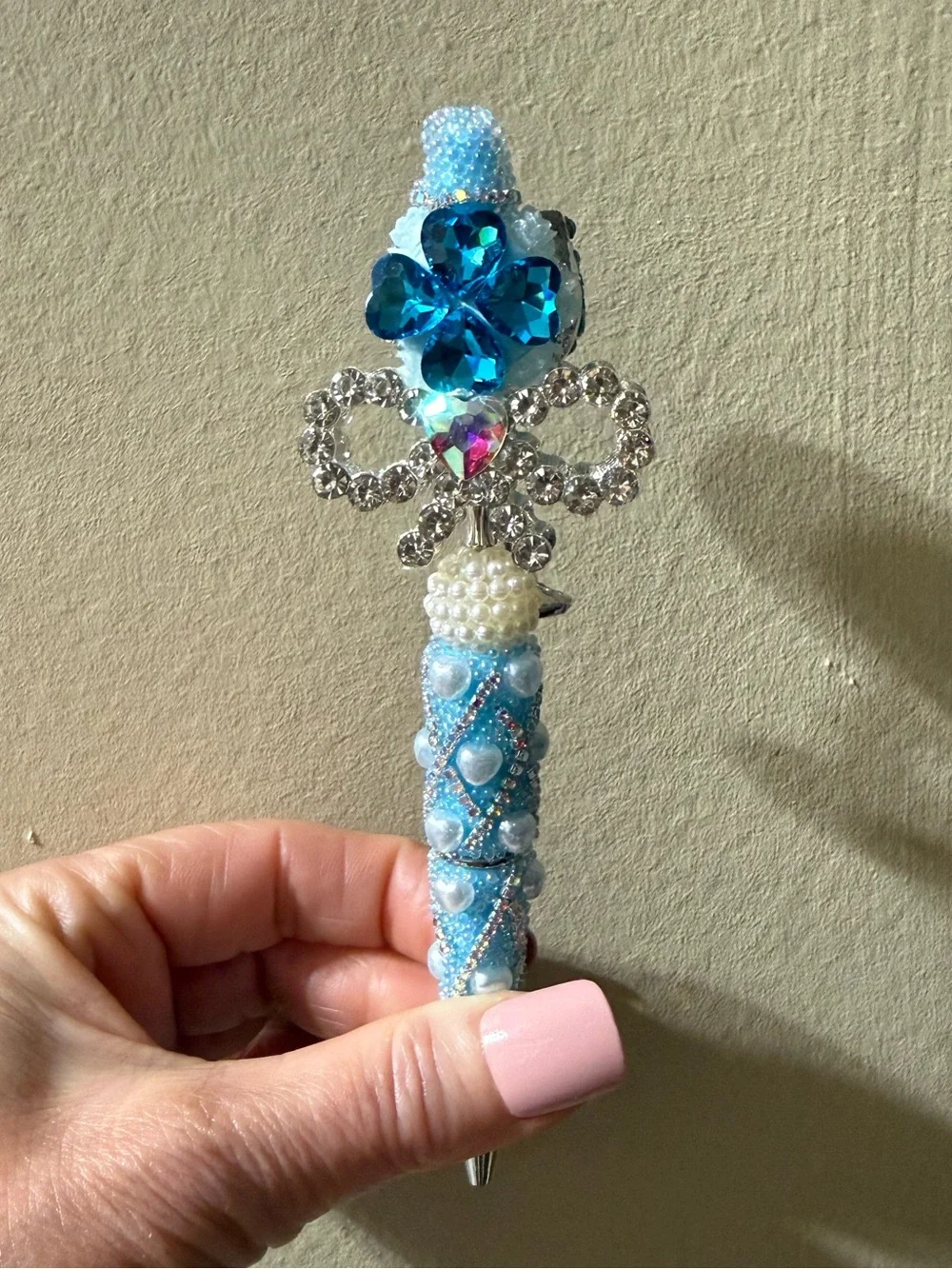 Decorative Blue Crystal and Pearl Ballpoint Pen - Home Office Accent
